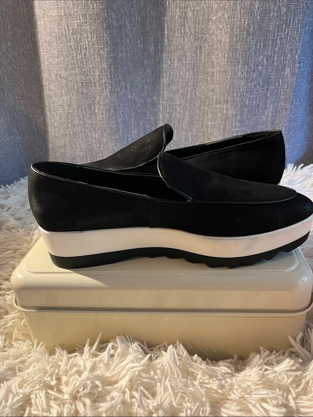 DKNY Black Slip-On Platform Loafers with White Trim